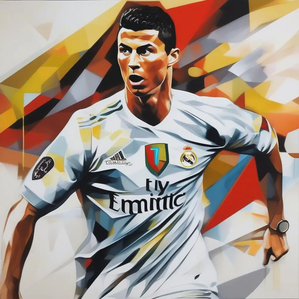 Bức tranh vẽ Cristiano Ronaldo với phong cách trừu tượng, sử dụng các hình khối và đường nét mạnh mẽ để thể hiện sự uyển chuyển và sức mạnh của cầu thủ