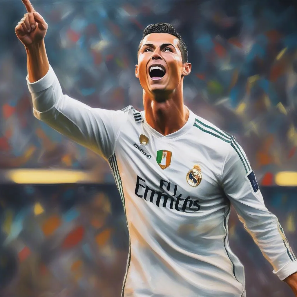 Bức tranh vẽ chân dung Cristiano Ronaldo trong tư thế ghi bàn