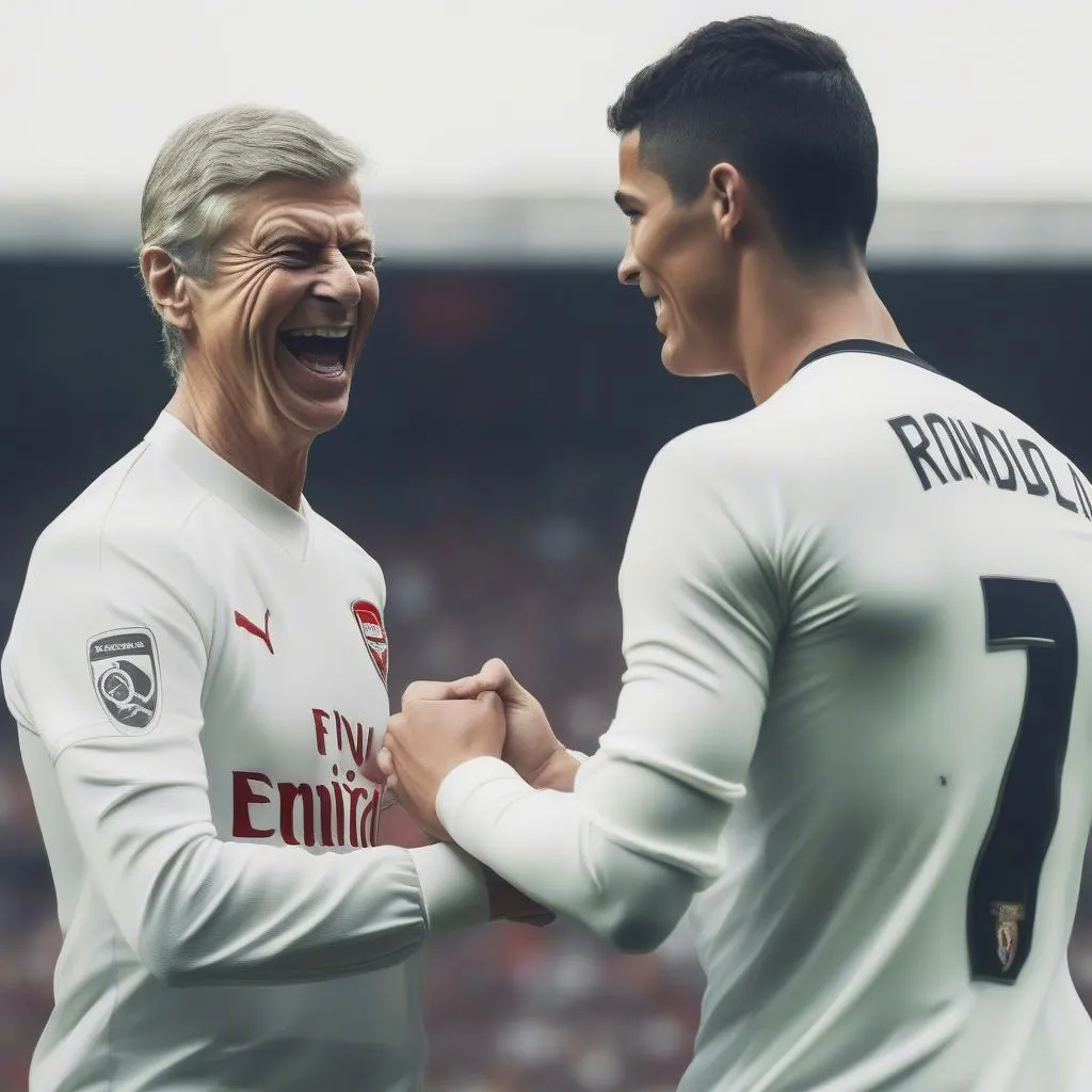 Arsène Wenger and Cristiano Ronaldo, two legends of football, stand side by side.