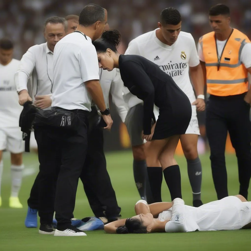 Hình ảnh Georgina Rodriguez ôm Ronaldo khi anh bị thương