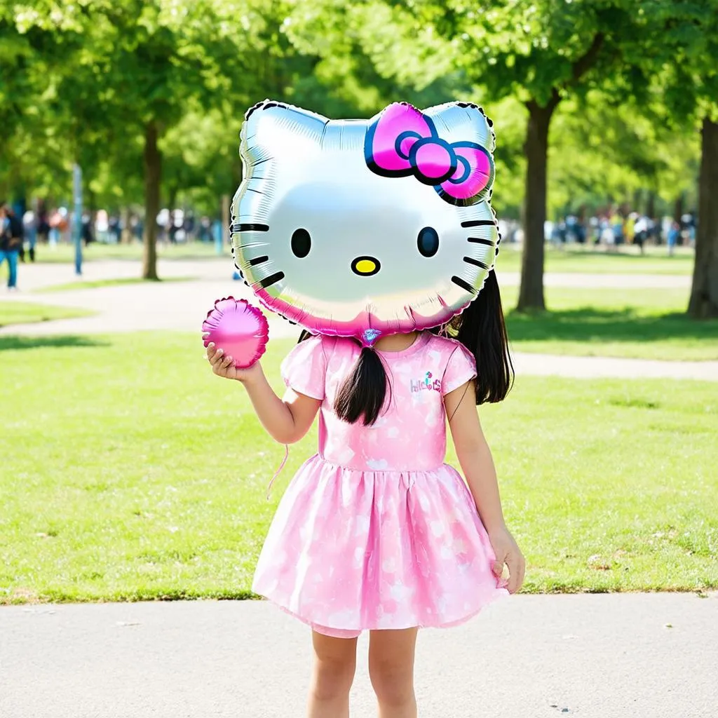 bé gái đang cầm bóng bay hello kitty tại công viên