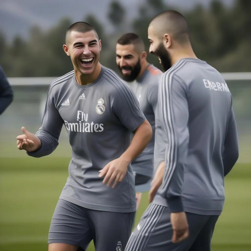 Ronaldo và Benzema cùng cười rỡ trong lúc tập luyện