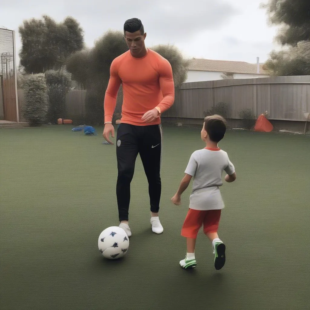 Hình ảnh Cristiano Jr tập luyện bóng đá cùng bố