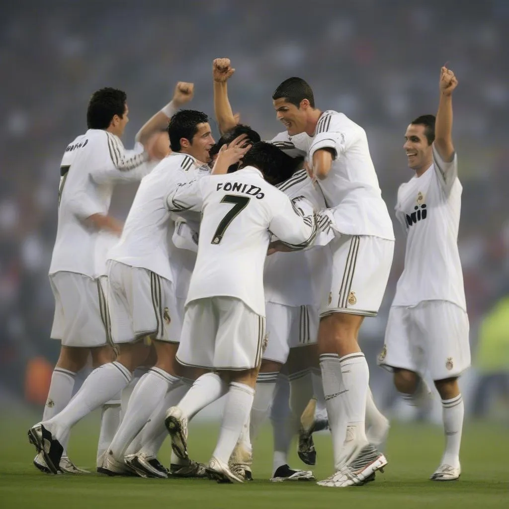 Cristiano Ronaldo celebrating with his teammates after winning a match in the 2009-10 season