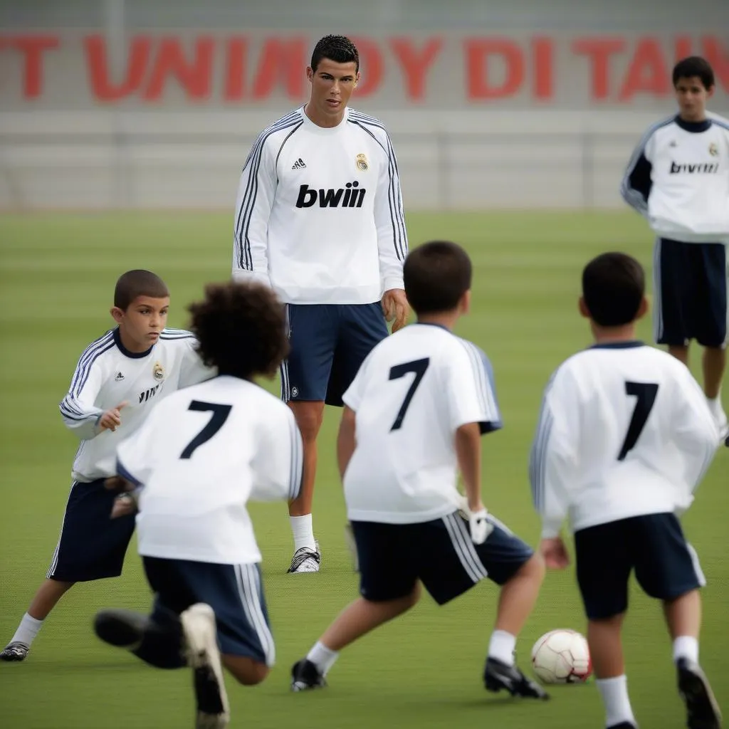 Cristiano Ronaldo inspiring young players during a training session in 2009-10