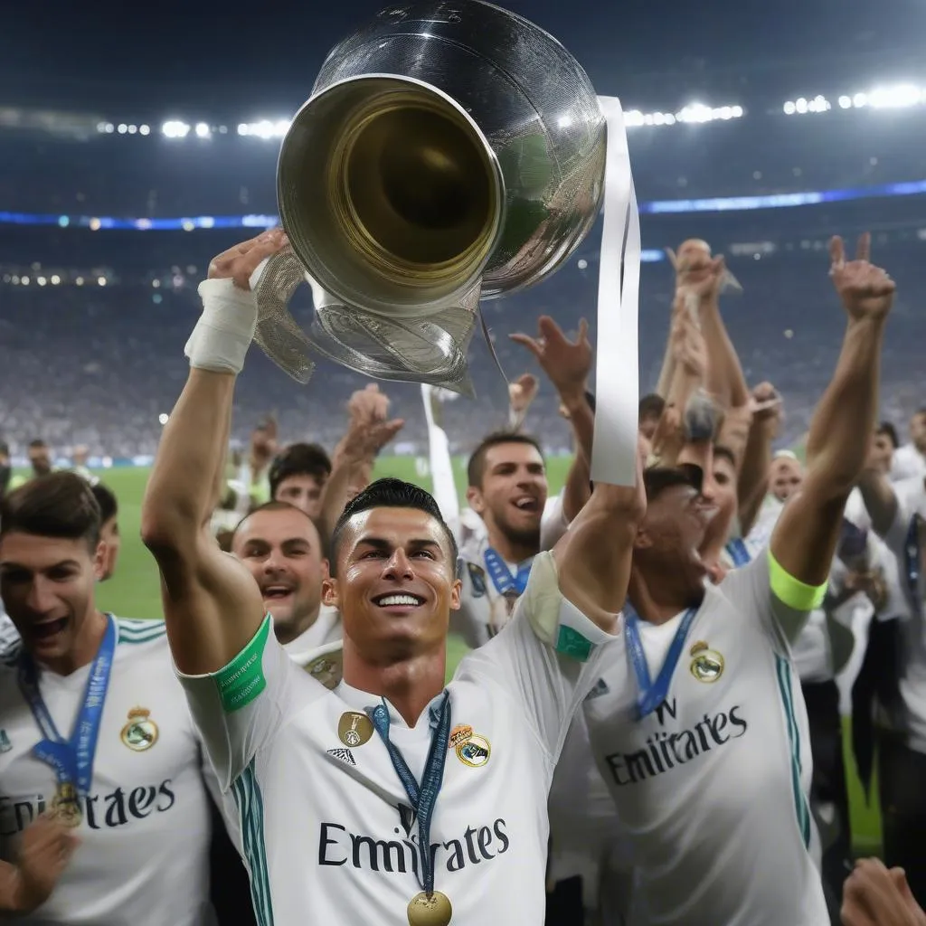 Hình ảnh Cristiano Ronaldo trong màu áo Real Madrid nâng cao cúp Champions League mùa giải 2016-17