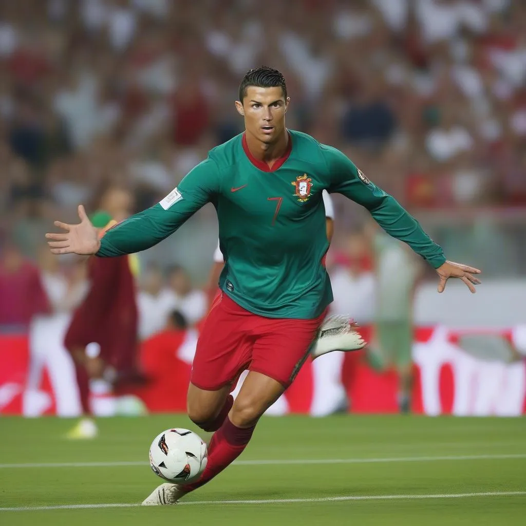 Cristiano Ronaldo ghi bàn cho đội tuyển Bồ Đào Nha, với phong cách đầy nhiệt huyết và quyết tâm chiến thắng