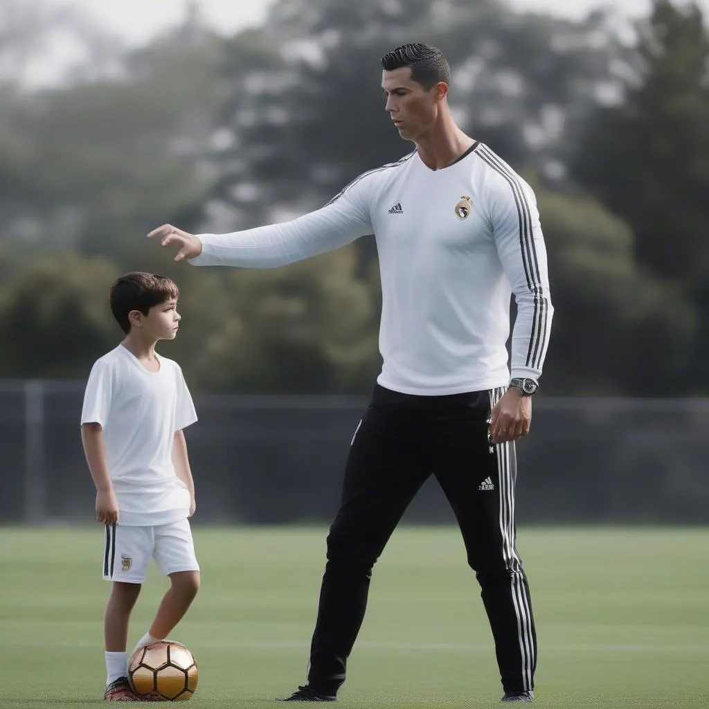 Cristiano Ronaldo và con trai Cristiano Jr. trên sân tập