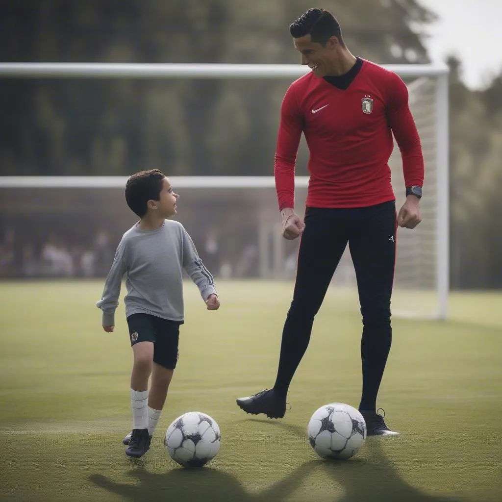 Cristiano Ronaldo và con trai Cristiano Jr. trong một trận đấu