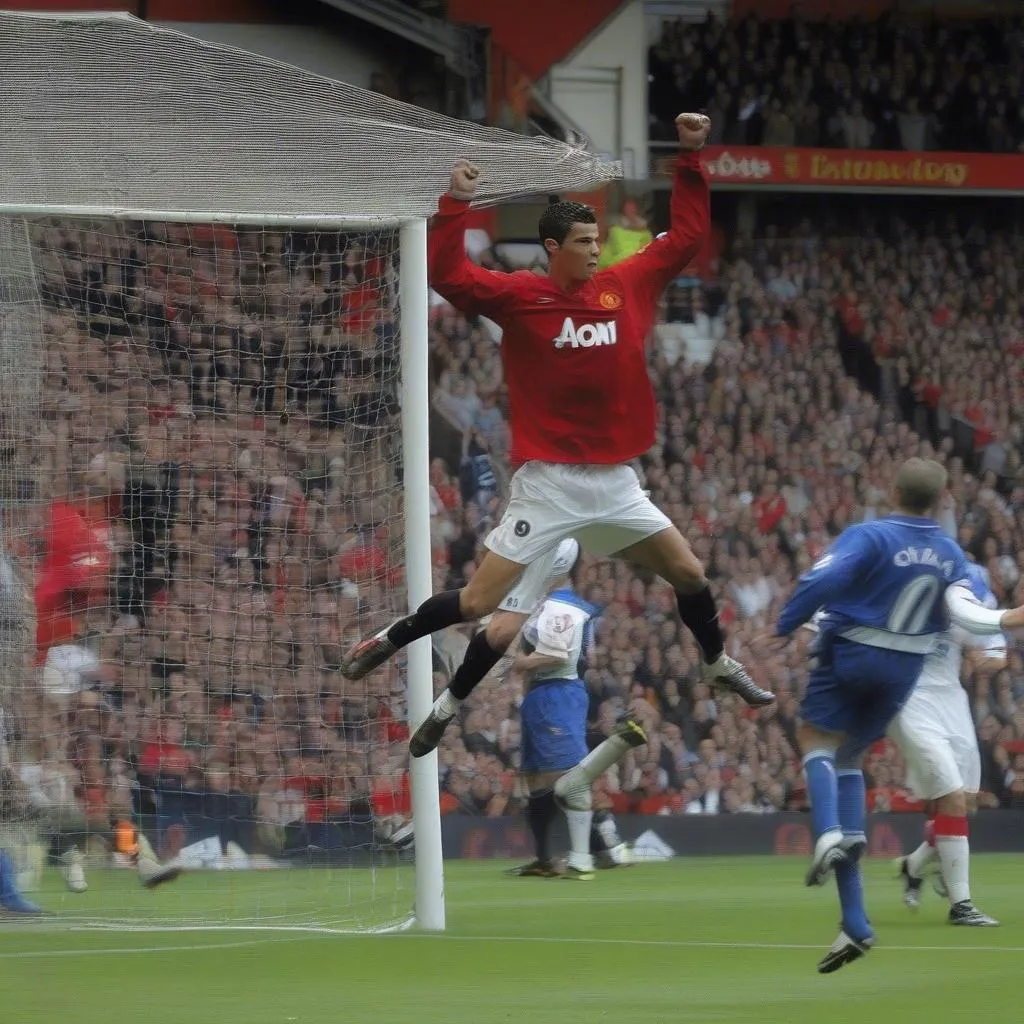 Cristiano Ronaldo ghi bàn bằng đầu trong trận đấu giữa Manchester United và Portsmouth năm 2008