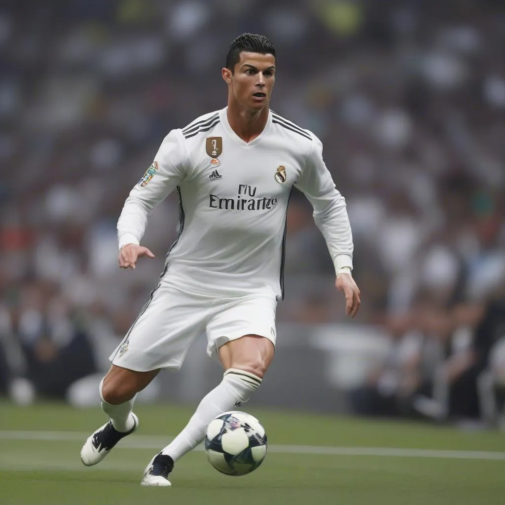 Hình ảnh Cristiano Ronaldo trong một trận đấu, thể hiện phong cách chơi bóng mạnh mẽ, quyết đoán