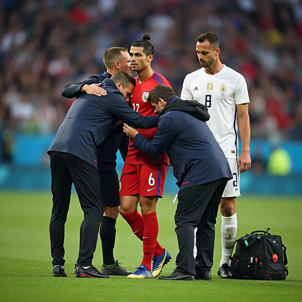 Cristiano Ronaldo receiving treatment for his injury during the Euro 2016 final