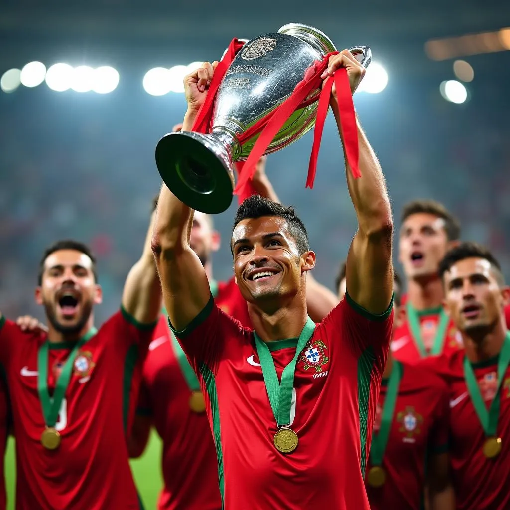 Cristiano Ronaldo lifting the Euro 2016 trophy