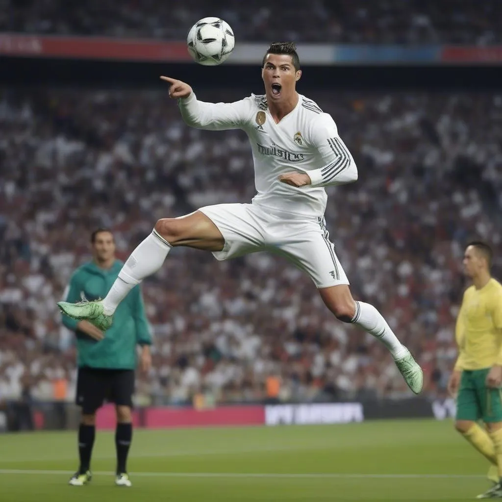 Cristiano Ronaldo nhảy lên cao để đánh đầu, một pha bóng đẹp mắt và "bá đạo"