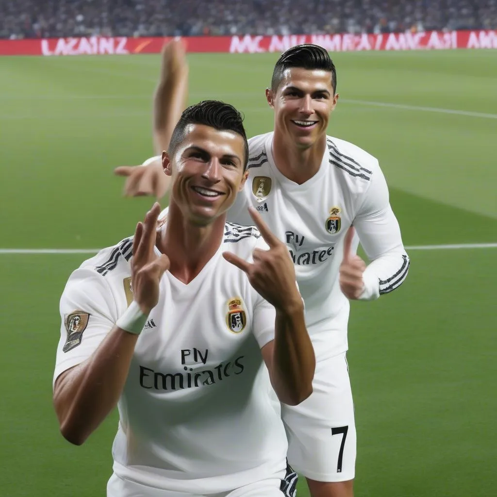 Cristiano Ronaldo celebrates a goal by taking a selfie with himself