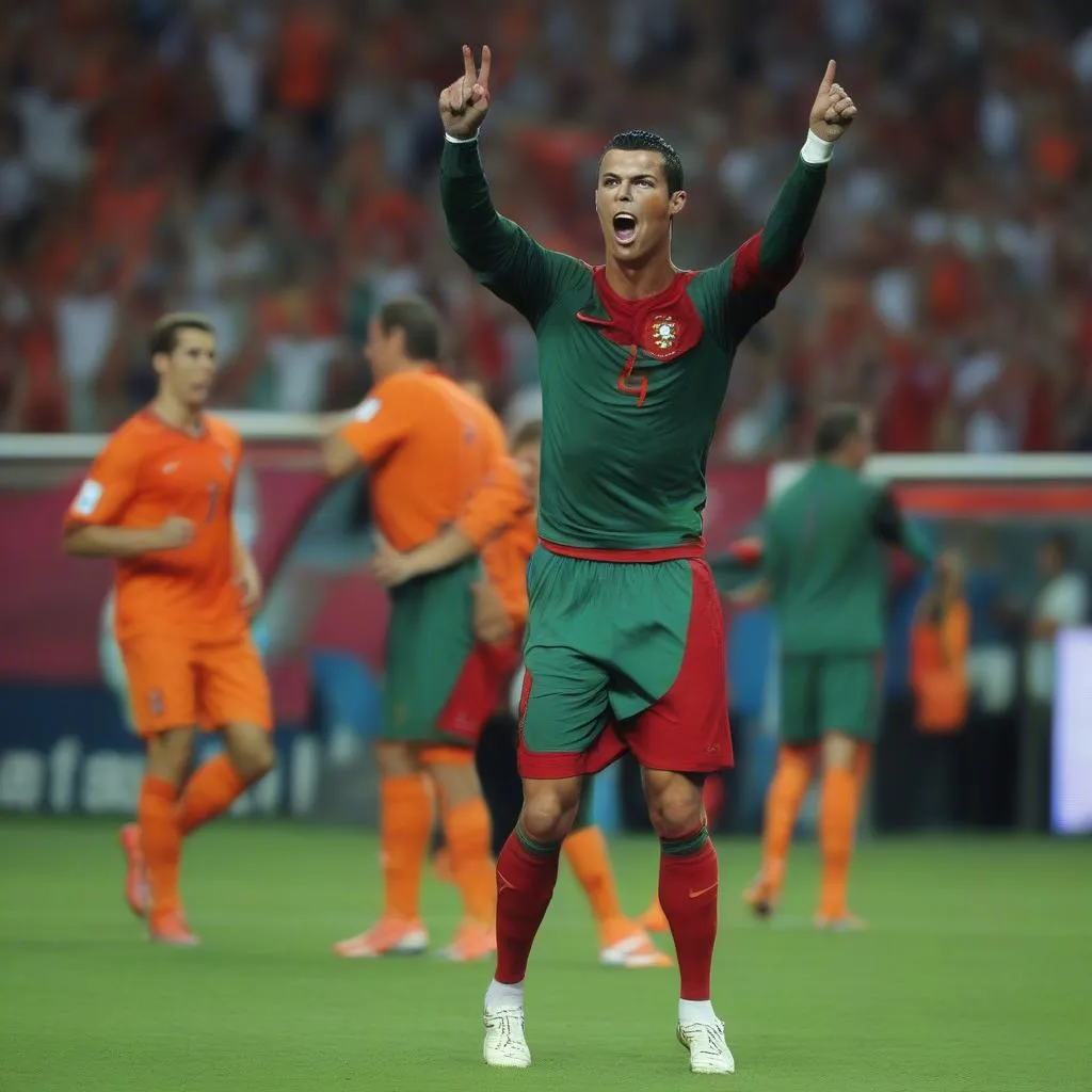 Cristiano Ronaldo ghi bàn thắng vào lưới Netherlands tại Euro 2012