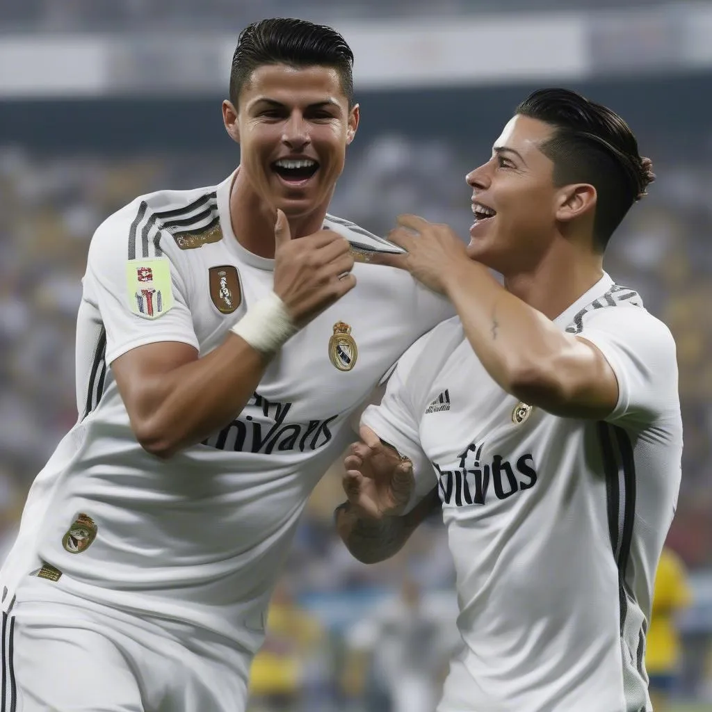 Cristiano Ronaldo và James Rodriguez cùng ăn mừng bàn thắng