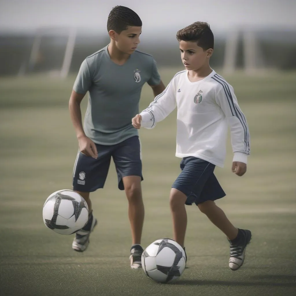 Cristiano Ronaldo Jr., con trai lớn của Cristiano Ronaldo, trong một buổi tập luyện bóng đá với bố