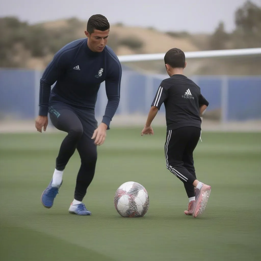 Cristiano Ronaldo Jr tập luyện bóng đá