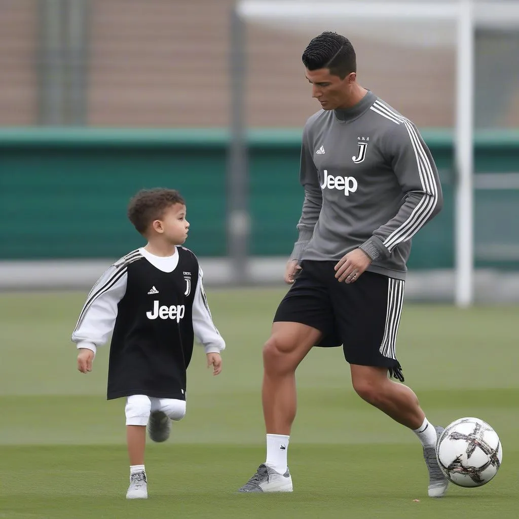 Cristiano Ronaldo Jr tập luyện cùng bố Cristiano Ronaldo