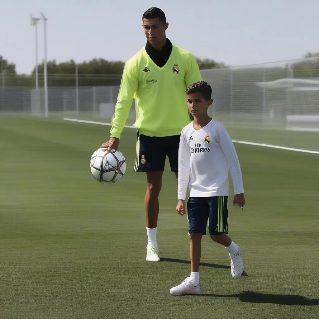 Cristiano Ronaldo Junior tập luyện cùng cha mình