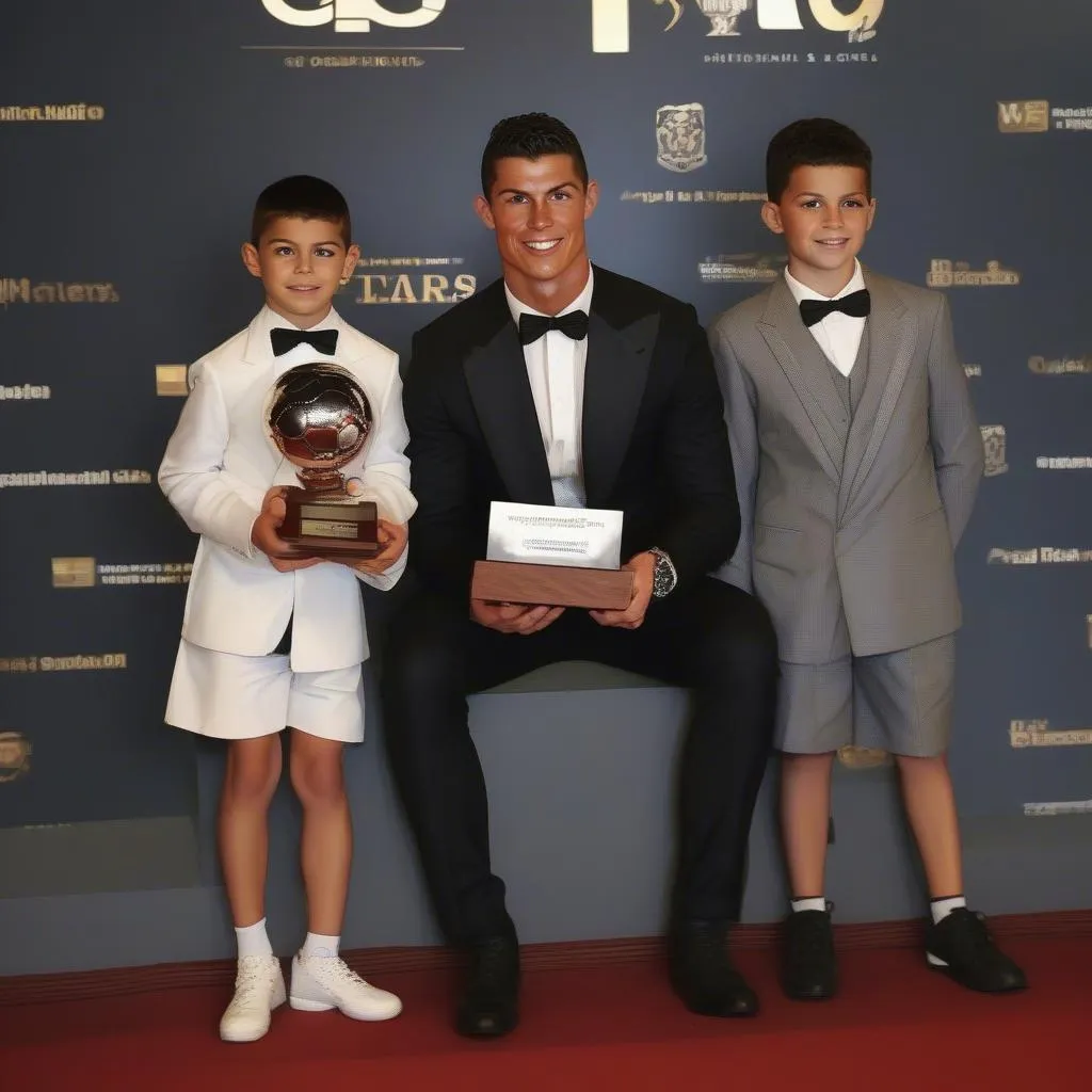 Cristiano Ronaldo Junior và cha mình trong buổi lễ trao giải