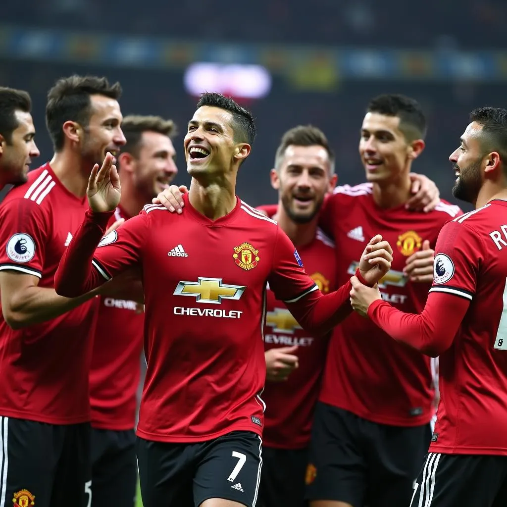 Cristiano Ronaldo celebrates with Manchester United teammates after winning the Champions League