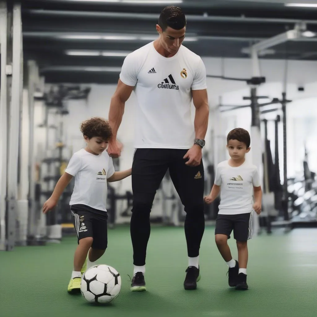 Cristiano Ronaldo và Mateo Ronaldo tập luyện bóng đá