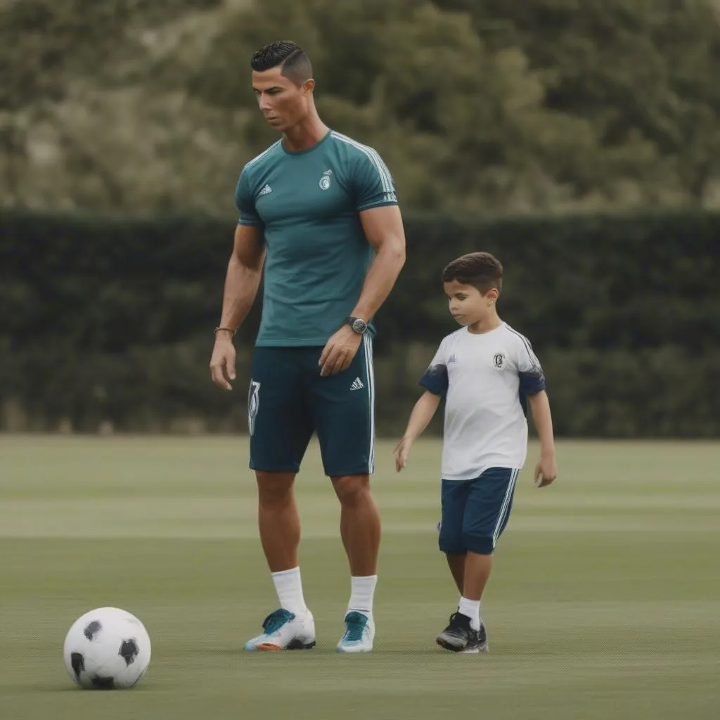 Cristiano Ronaldo và Mateo Ronaldo tập luyện bóng đá trên sân