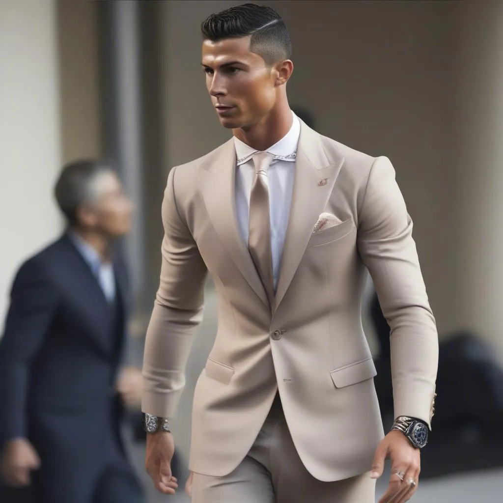 Hình ảnh Cristiano Ronaldo diện trang phục lịch lãm, thể hiện phong cách thời trang đẳng cấp của anh