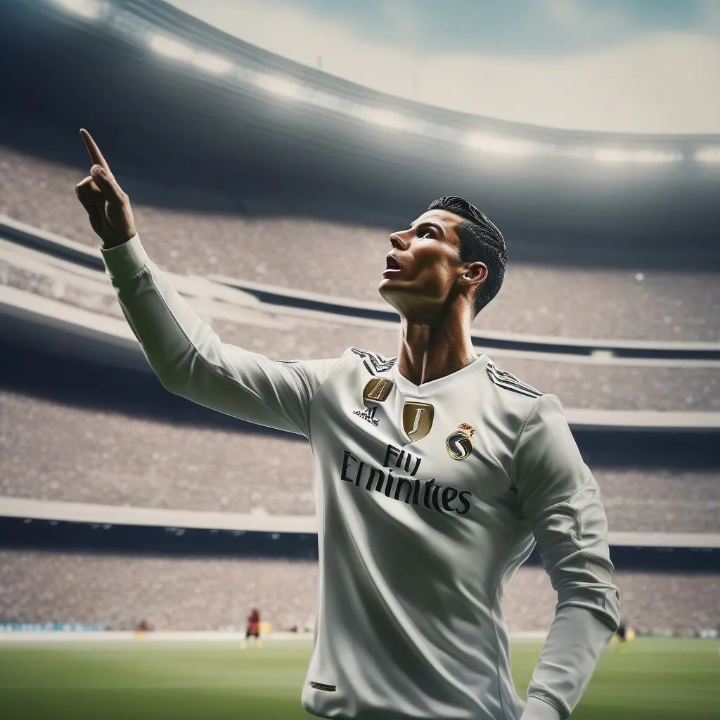 Cristiano Ronaldo celebrating a goal by pointing to the sky and thanking God