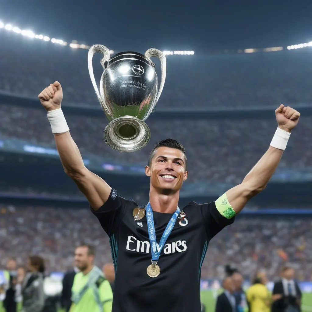 Hình ảnh Cristiano Ronaldo nâng cao cúp Champions League