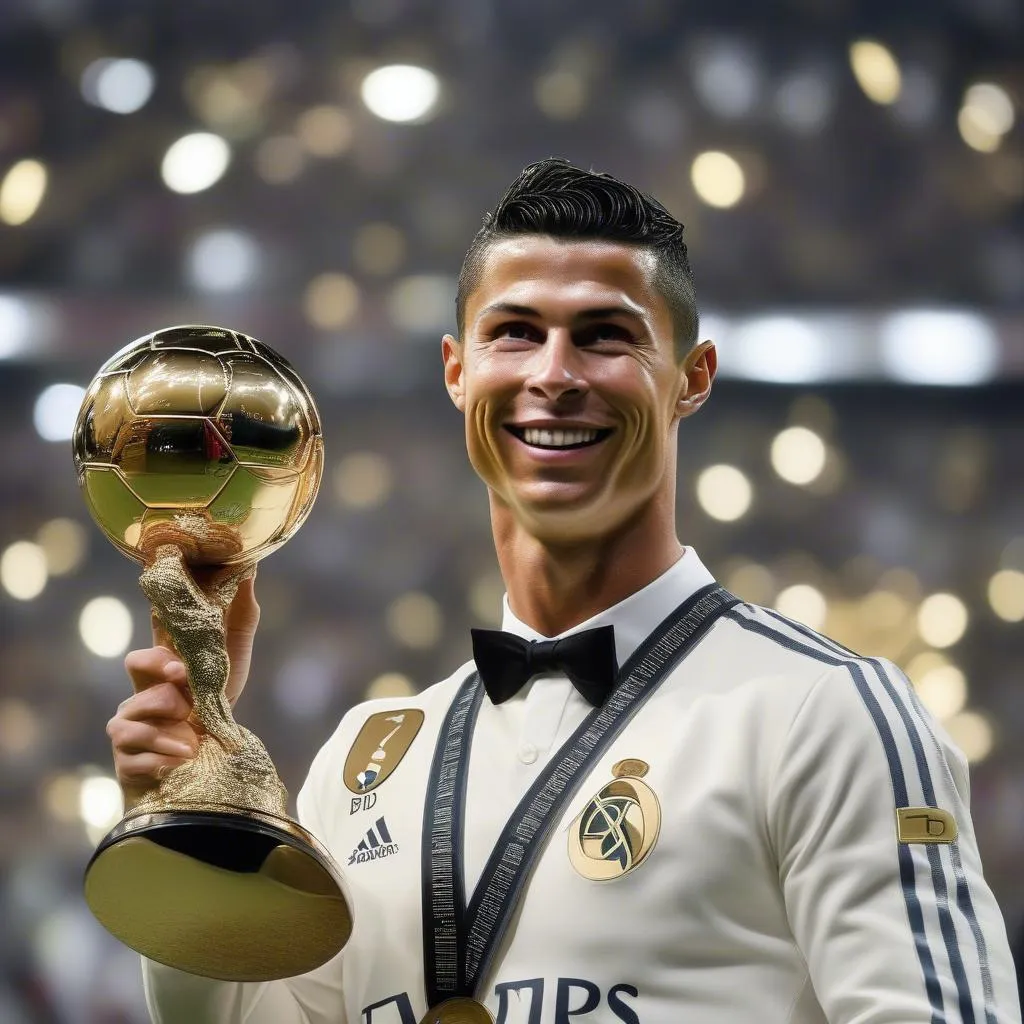 Hình ảnh Cristiano Ronaldo nâng cao chiếc cúp Quả bóng Vàng, thể hiện thành công và sự vinh danh