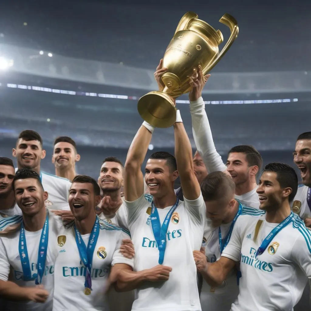 Cristiano Ronaldo celebrating a trophy win with Real Madrid