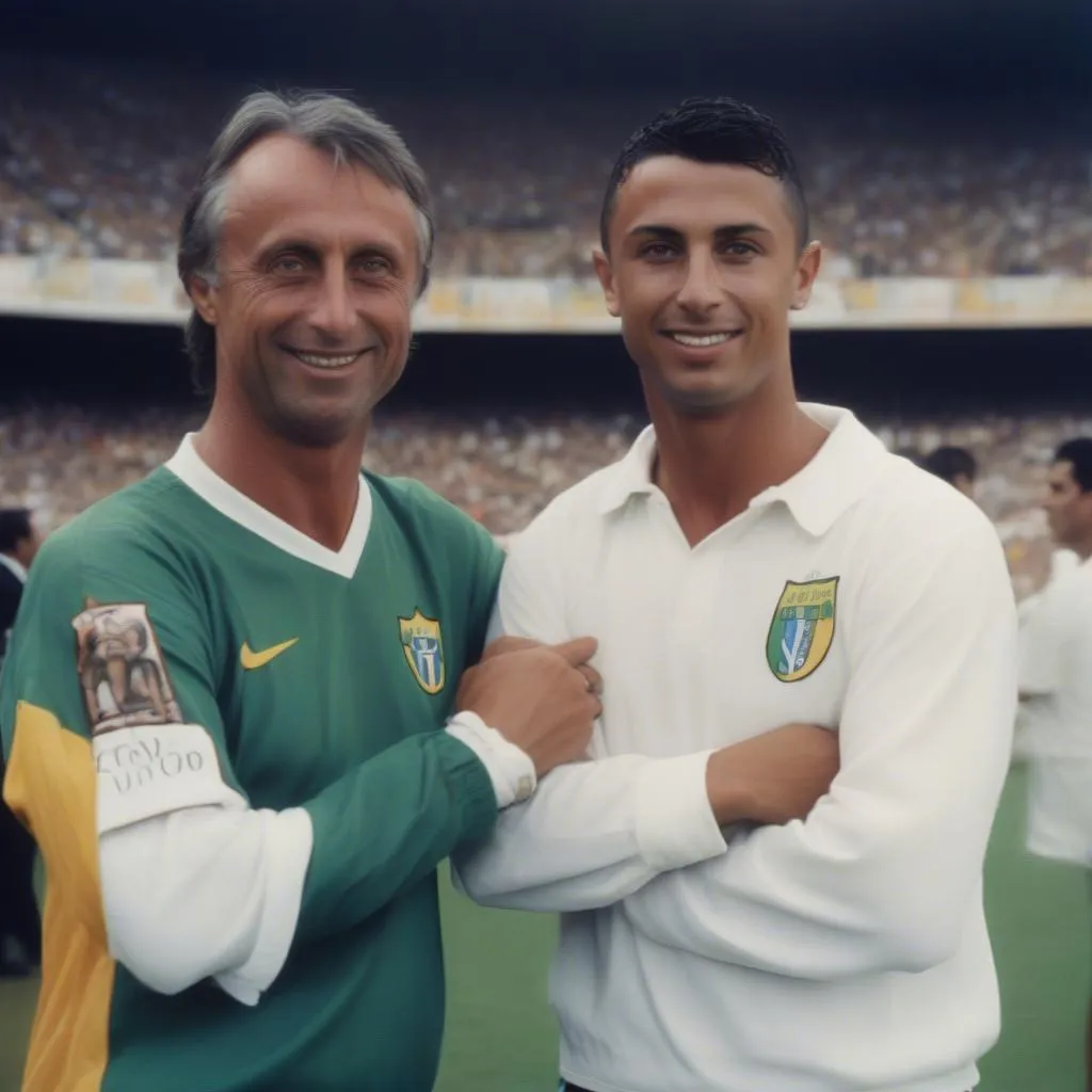 Hình ảnh Johan Cruyff và Ronaldo &quot;béo&quot; trong một sự kiện bóng đá, thể hiện sự kính trọng và ngưỡng mộ của Cruyff đối với Ronaldo