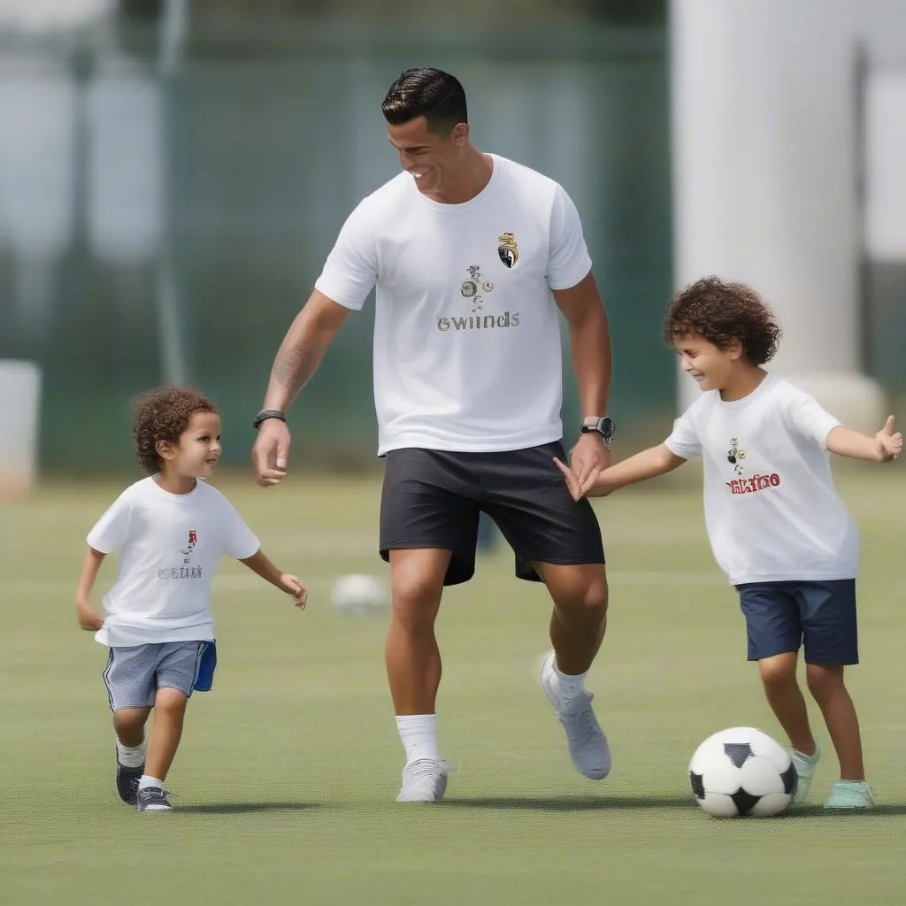 Eva Maria và Mateo Ronaldo, cặp song sinh của Cristiano Ronaldo, trong một buổi tập luyện bóng đá với bố