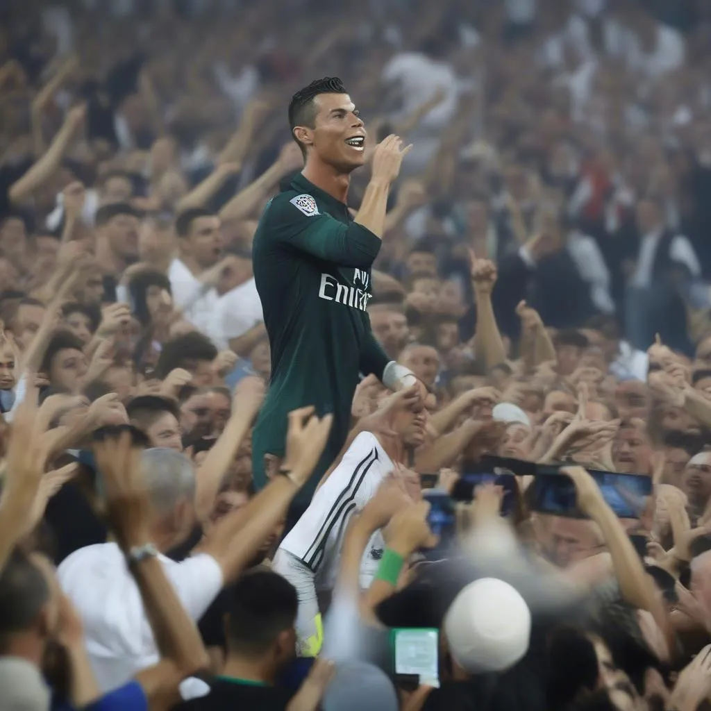 Hình ảnh Ronaldo bị bao vây bởi các fan hâm mộ sau khi ghi bàn trong trận chung kết