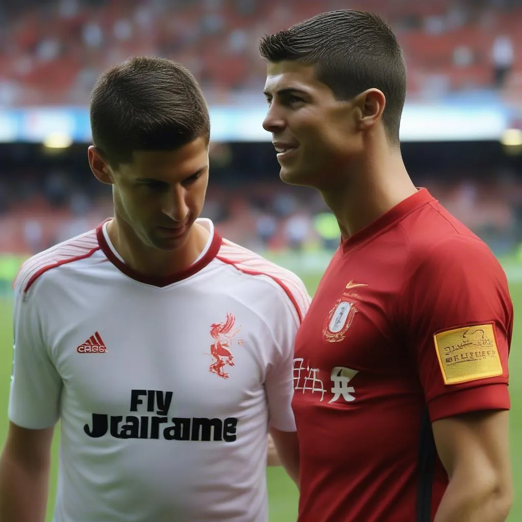 Hình ảnh Steven Gerrard và Cristiano Ronaldo trên sân đấu, thể hiện sự tôn trọng lẫn nhau