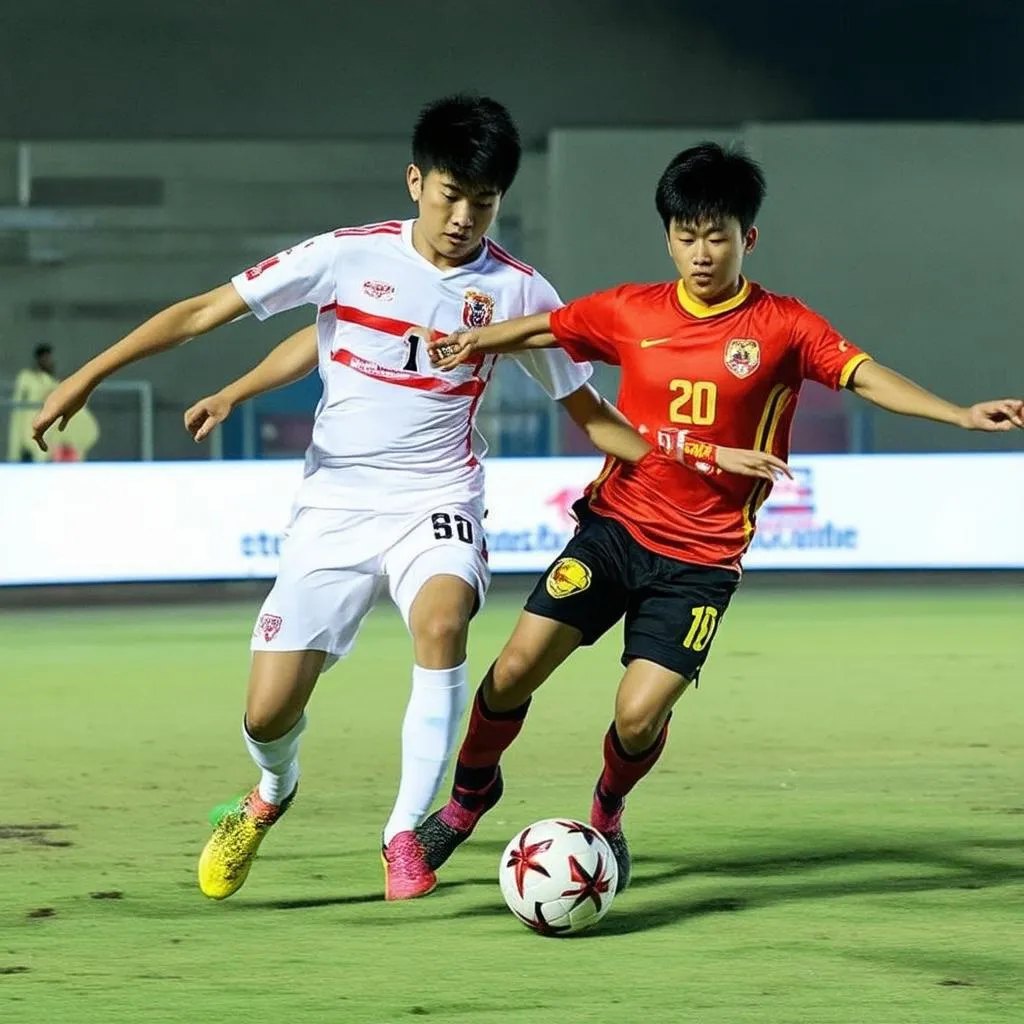 Cầu thủ Hà Nội FC và Hoàng Anh Gia Lai tranh bóng