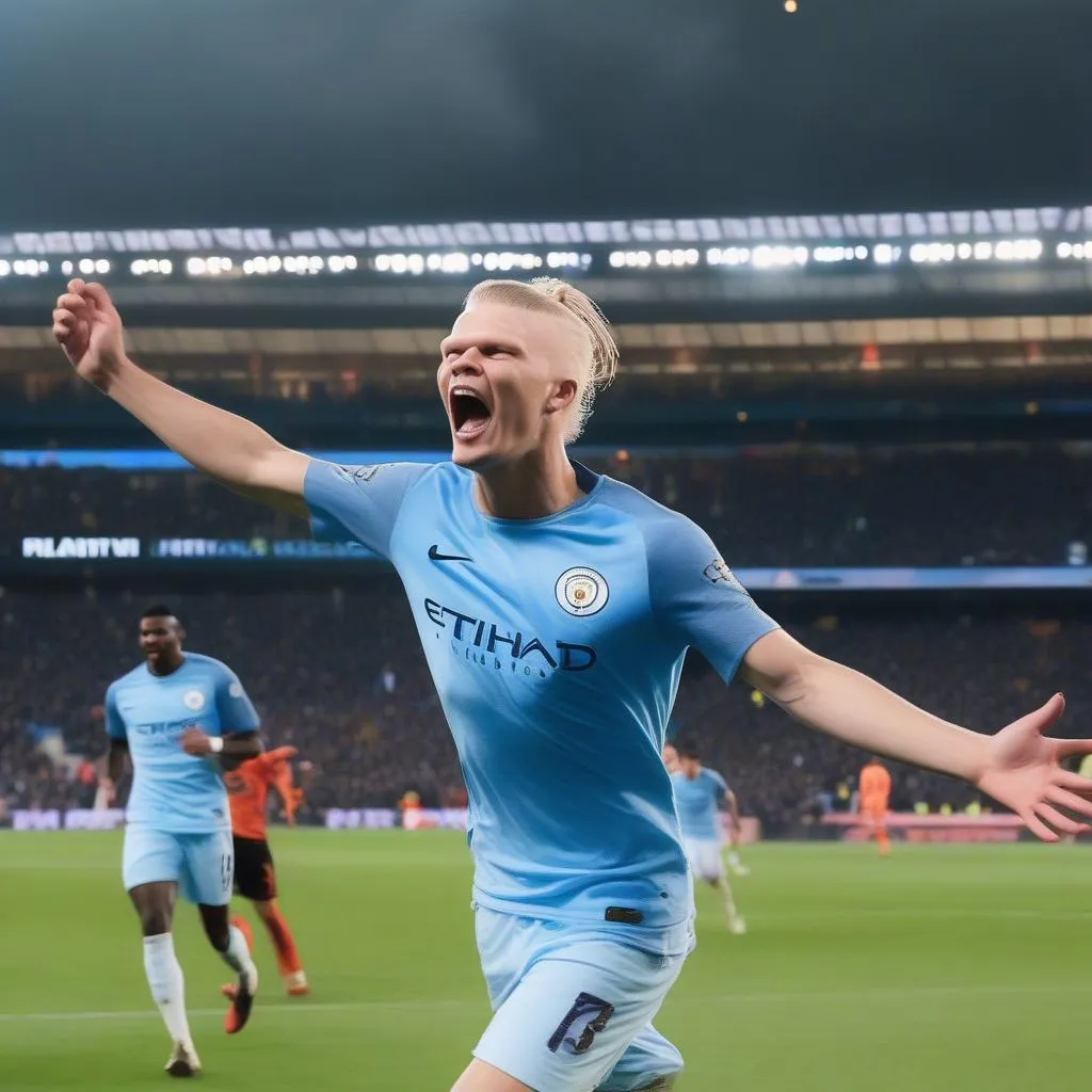 Erling Haaland scoring a goal for Manchester City in a Premier League match