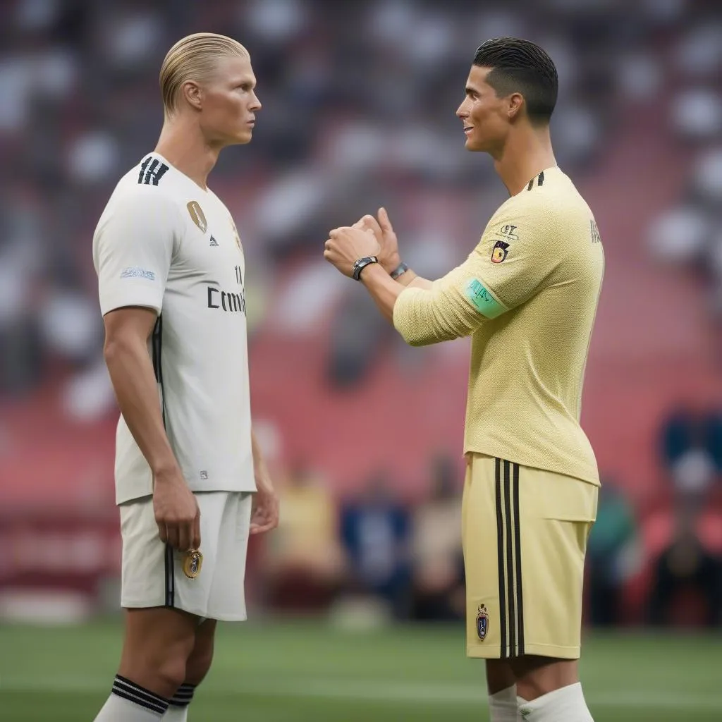 Erling Haaland and Cristiano Ronaldo facing each other in a hypothetical match