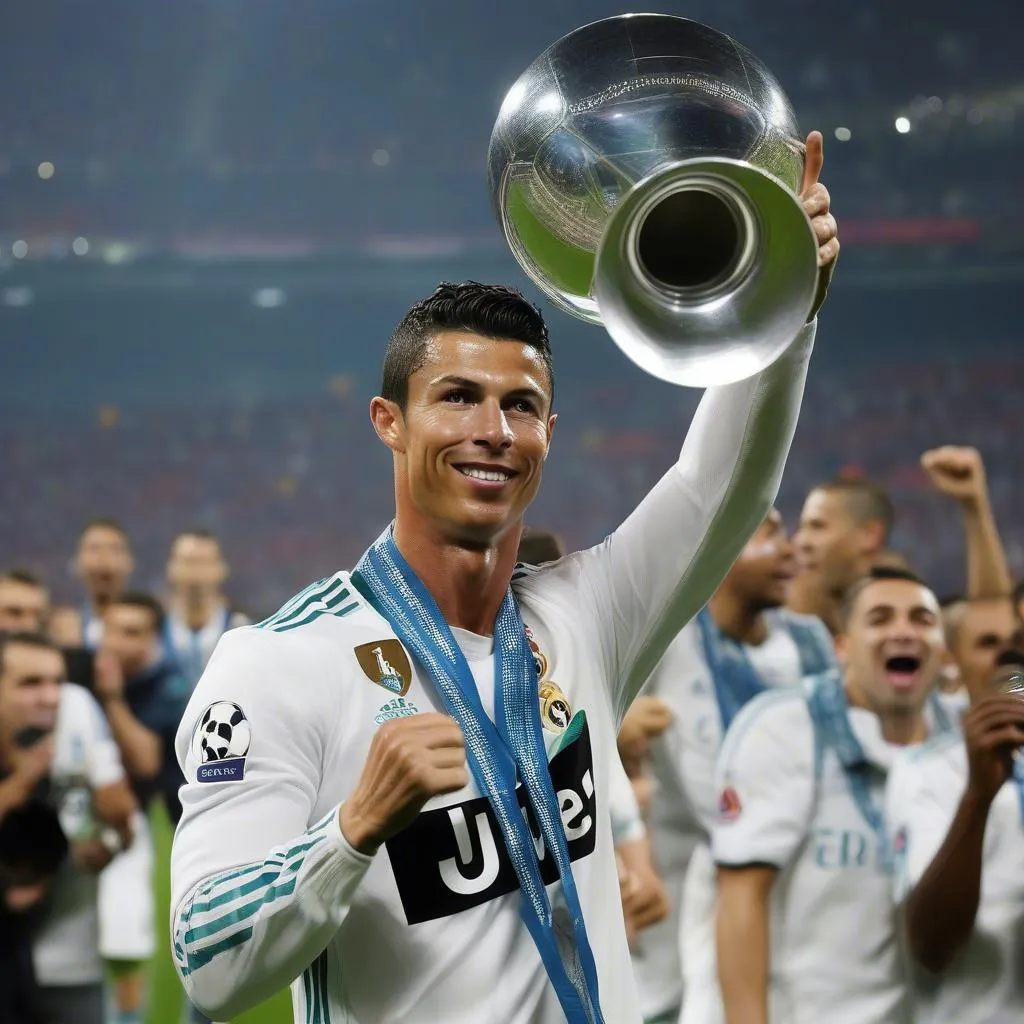 Hình ảnh Cristiano Ronaldo nâng cao chiếc cúp vô địch Champions League