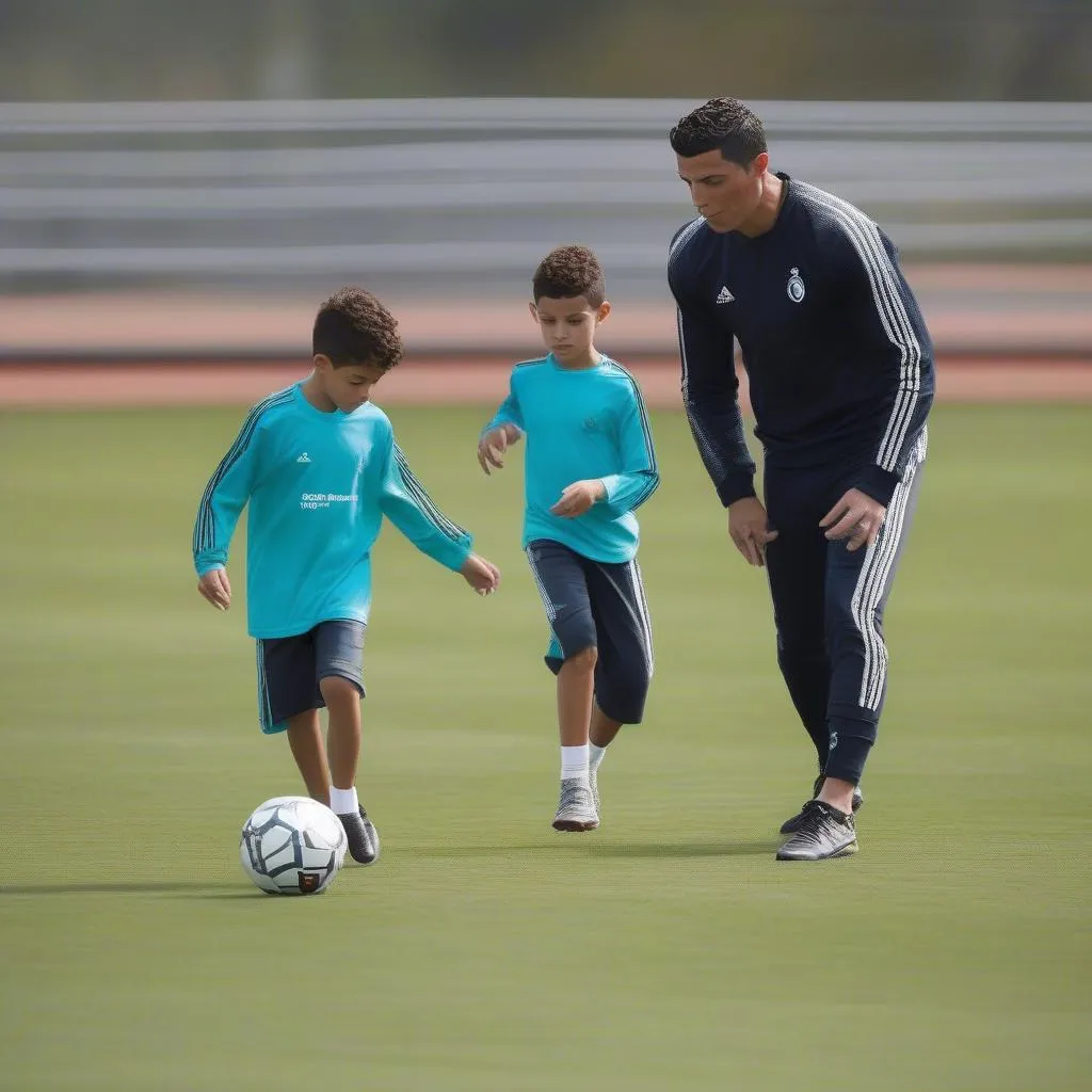 Cristiano Ronaldo Jr. tập luyện cùng bố trên sân tập