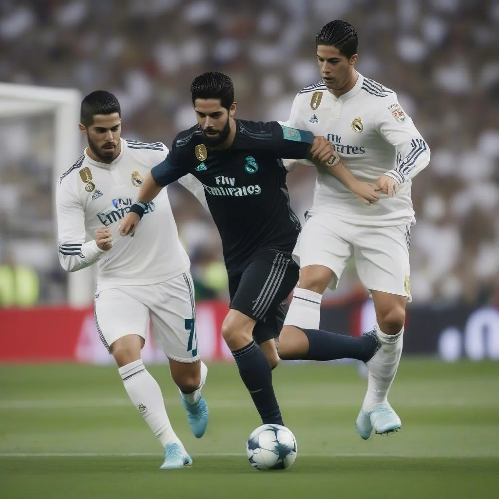 Isco và Ronaldo tương tác trong một trận đấu, cả hai cùng chạy bóng