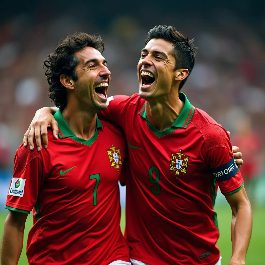 Luis Figo and Cristiano Ronaldo Celebrating a Goal