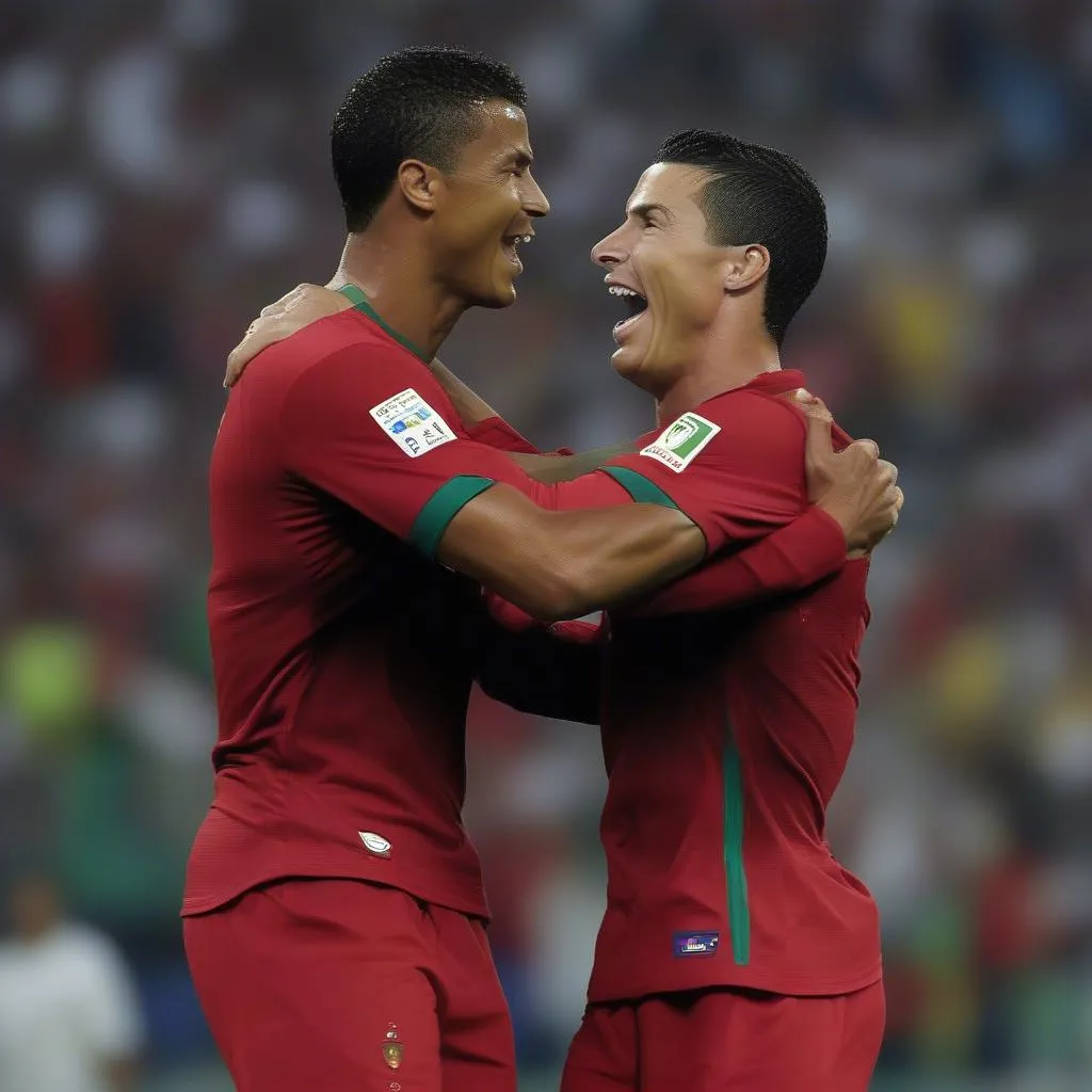 Hình ảnh Luis Nani và Cristiano Ronaldo ăn mừng chiến thắng cùng đội tuyển Bồ Đào Nha