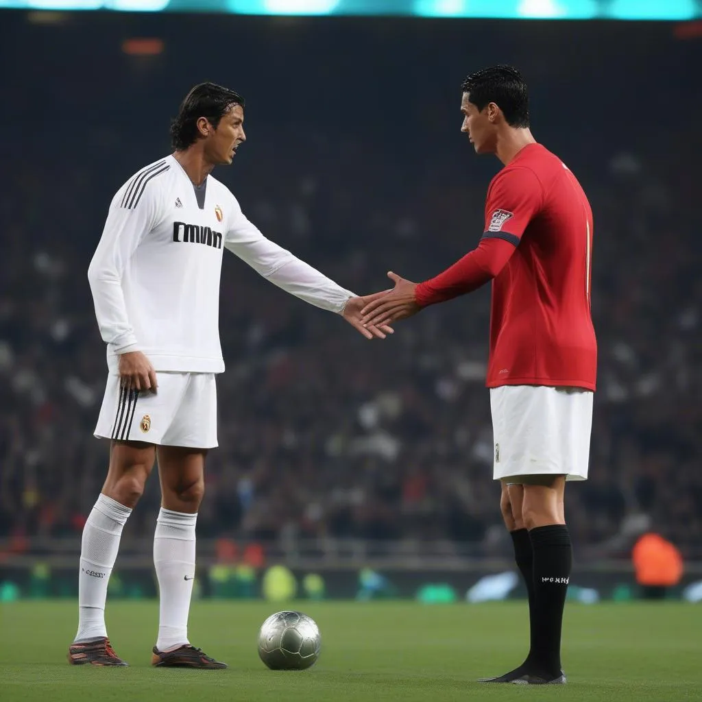 Paolo Maldini and Cristiano Ronaldo, two of the greatest footballers in history, facing each other on the pitch