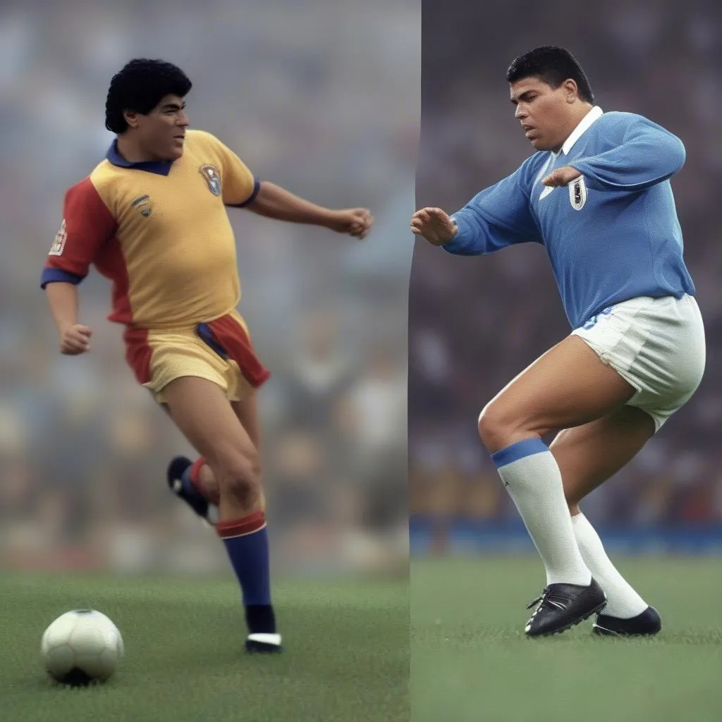 Hình ảnh so sánh giữa hai huyền thoại bóng đá Maradona và Ronaldo De Lima