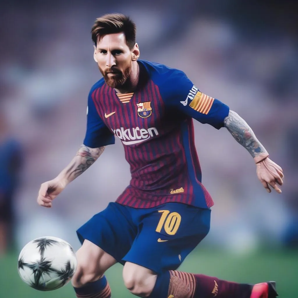 Hình ảnh Messi thi đấu trên sân cỏ, thể hiện tài năng thiên bẩm và phong cách chơi bóng độc đáo