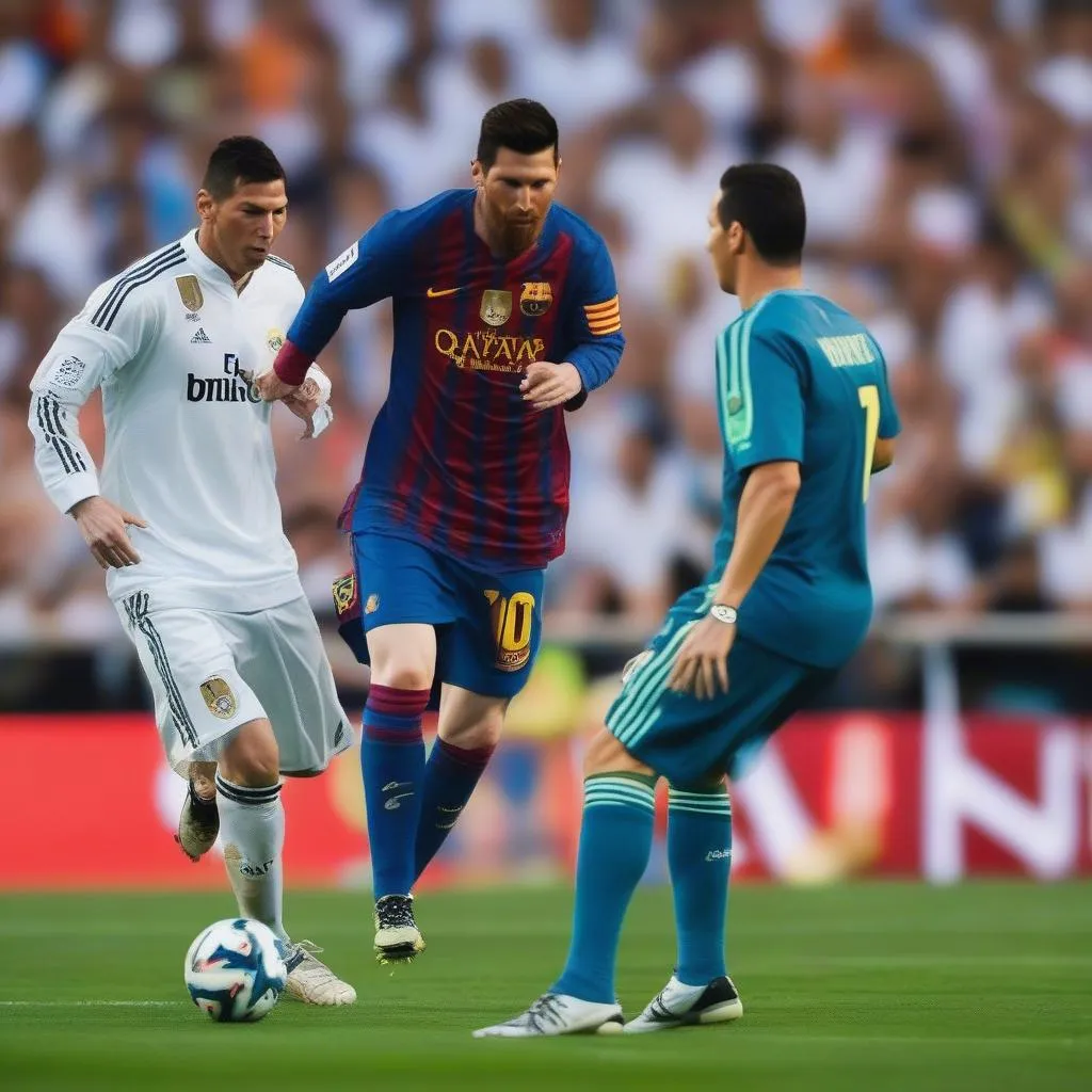 Hình ảnh Messi và Ronaldo trong trận đấu El Clasico, thể hiện sự cạnh tranh quyết liệt và kỹ thuật thượng thừa của hai cầu thủ